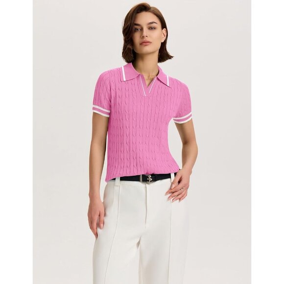 Elegant Women's Summer Cable Knit Sweater - Pink & White Stripe, Size X-Large - Picture 4 of 5